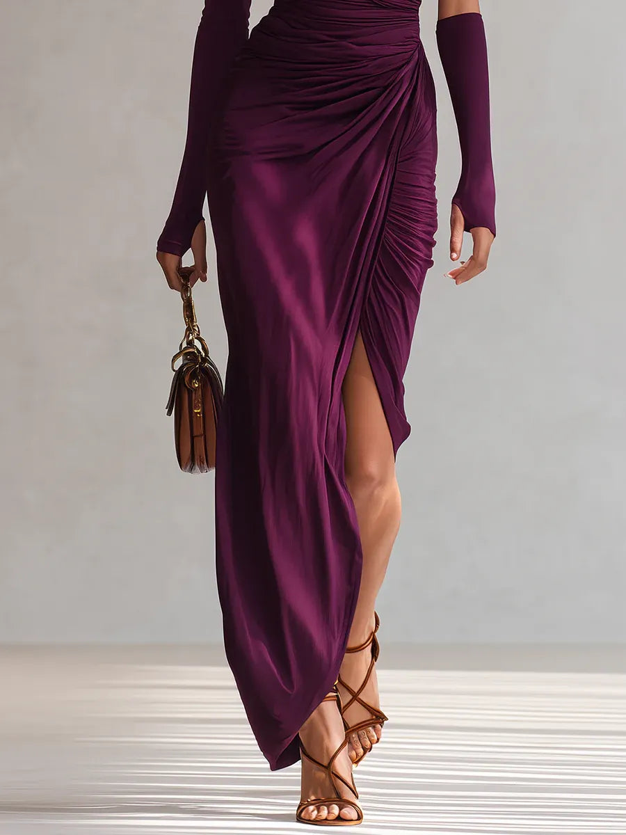 Rosalia - Elegancka fioletowa sukienka maxi sexy na jedno ramię
