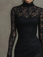 Teresa - Elegancka Sukienka Maxi Fishtail z Elastycznej Czarnej Koronki